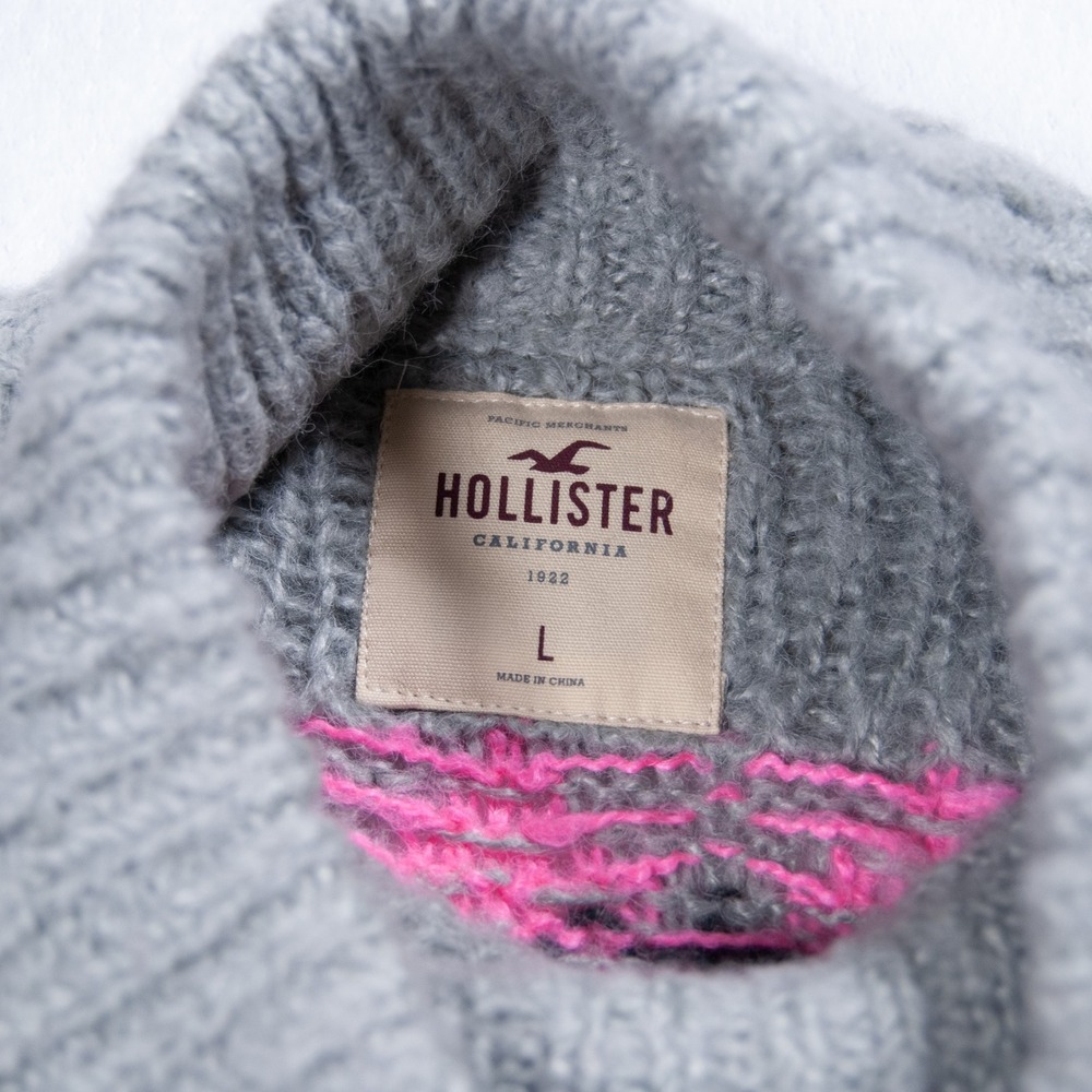 Hollister Mock Neck Fair Isle Knit Sweater Gray Hot Pink Blue Size L - Picture 3 of 9